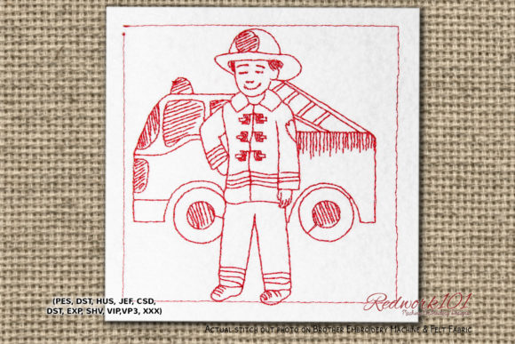 Little Child As a Firefighter Redwork